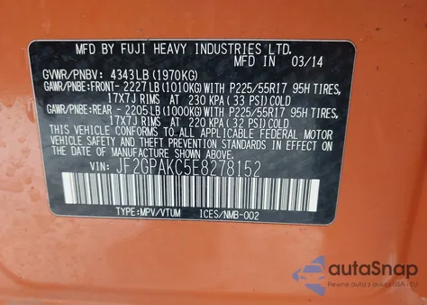 2014 Subaru Xv Crosstrek 2.0I Limited z USA, uszkodzony, nr VIN JF2GPAKC5E8278152